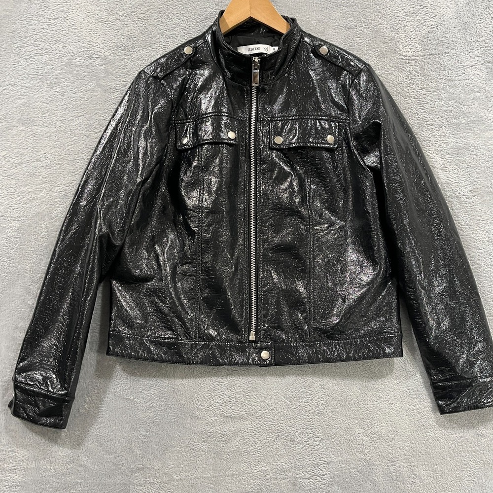 JustFab Moto Jacket Womens Medium Faux Leather Patent Biker Full Zip Snap Pocket